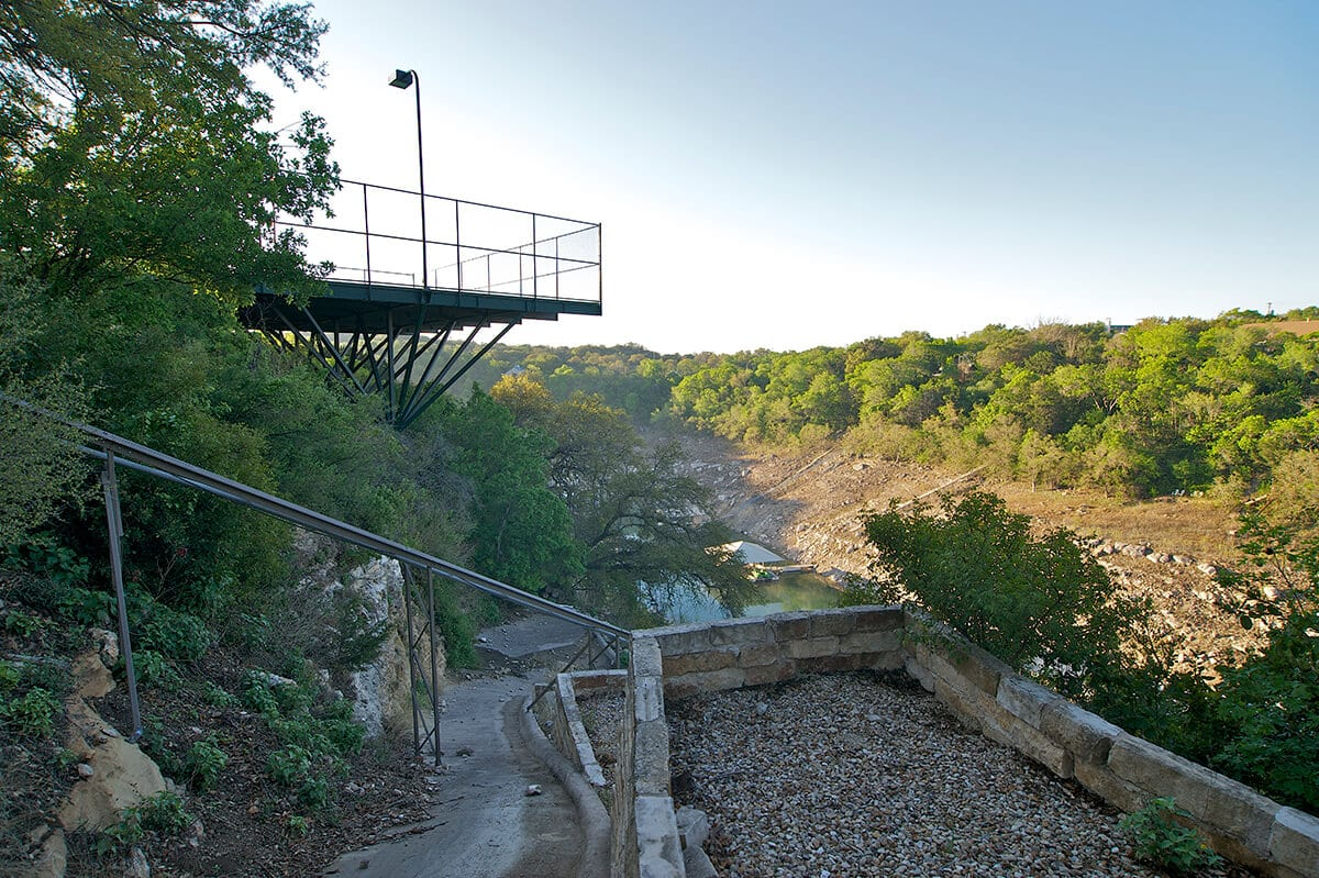 Cantilevered steel observation platform over a Texas canyon